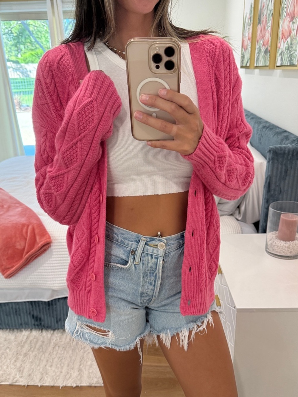 Aritzia Pink Cable-Knit Button Front Cardigan